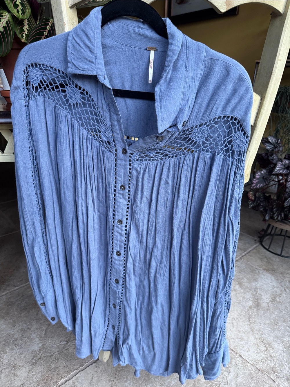 Free People Dusty Blue Crochet-Yoke Button Down Shirt L